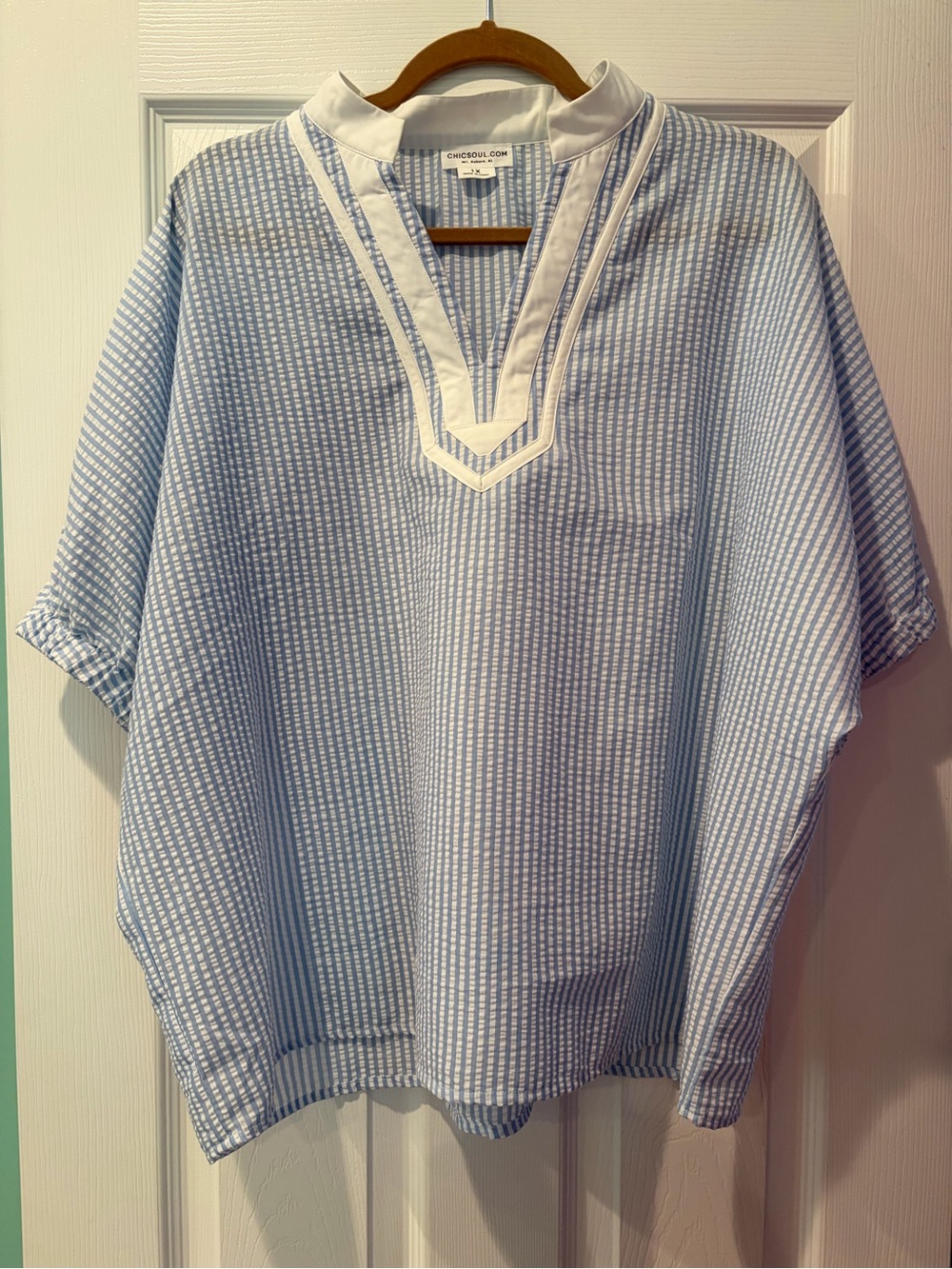 Chic Soul Light Blue and White Striped Split-Neck blouse